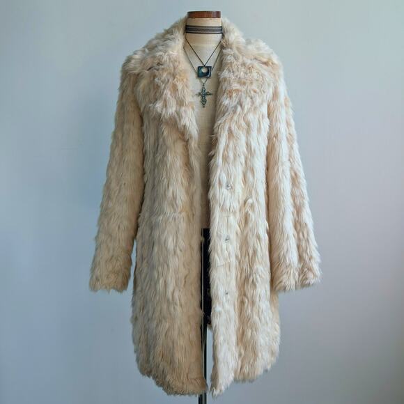 White Shaggy Faux Fur Trench Coat Cream Furry Penny Lane 70s Afghan Jacket Small - Picture 10 of 13